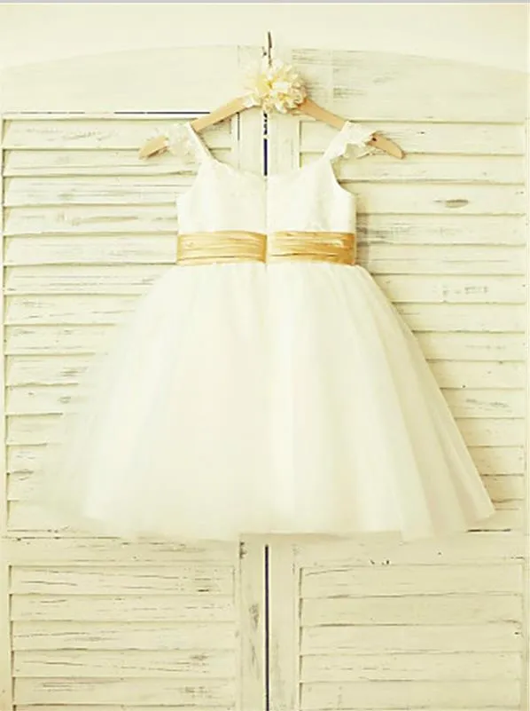 Lace Tulle Princess Spaghetti Straps Flower Girl Dresses Tea Length Dress
