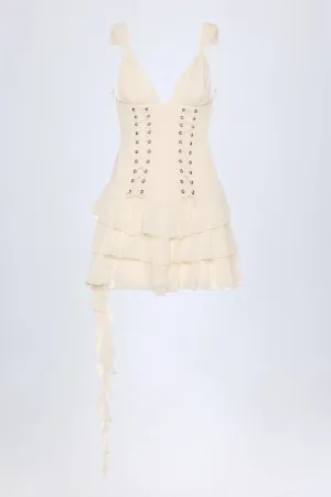 Lace-Up Ruffled Tiered Mini Dress in Ivory