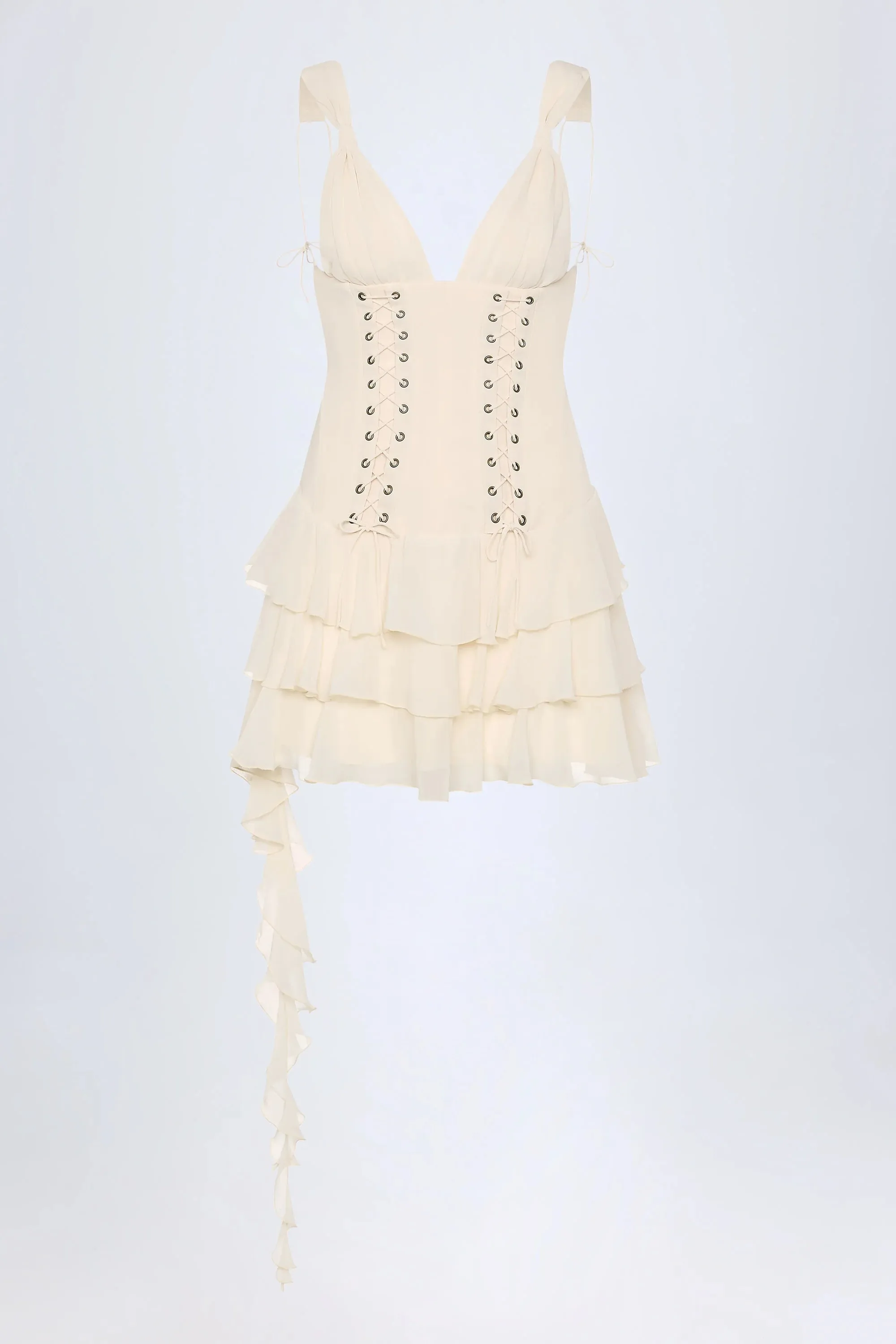 Lace-Up Ruffled Tiered Mini Dress in Ivory