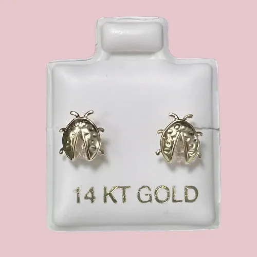 Ladybug Stud Earrings 14K Solid Yellow Gold With Safety Backing