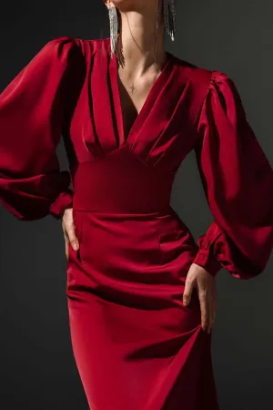 Lantern Sleeve Red Mid-Length Dress