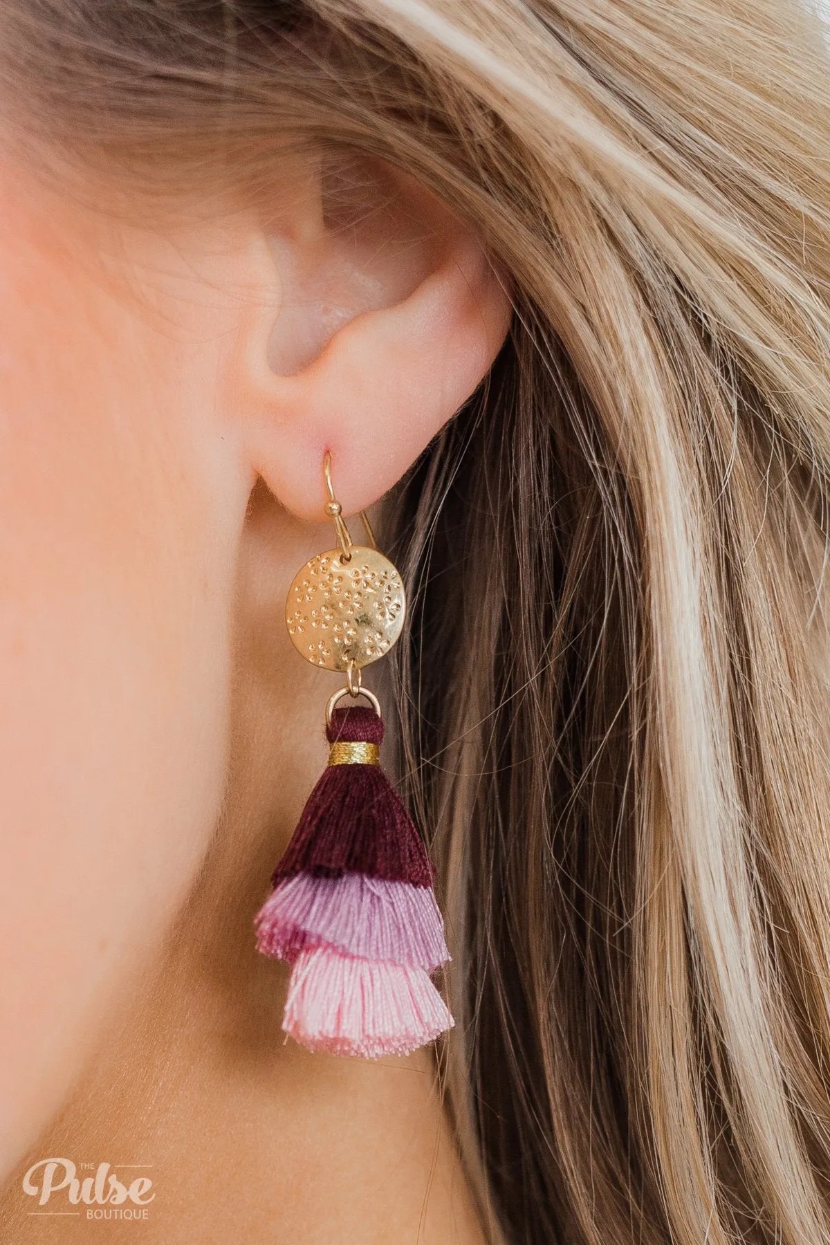 Layered Tassel Gold Earrings- Burgundy, Lilac, Pink