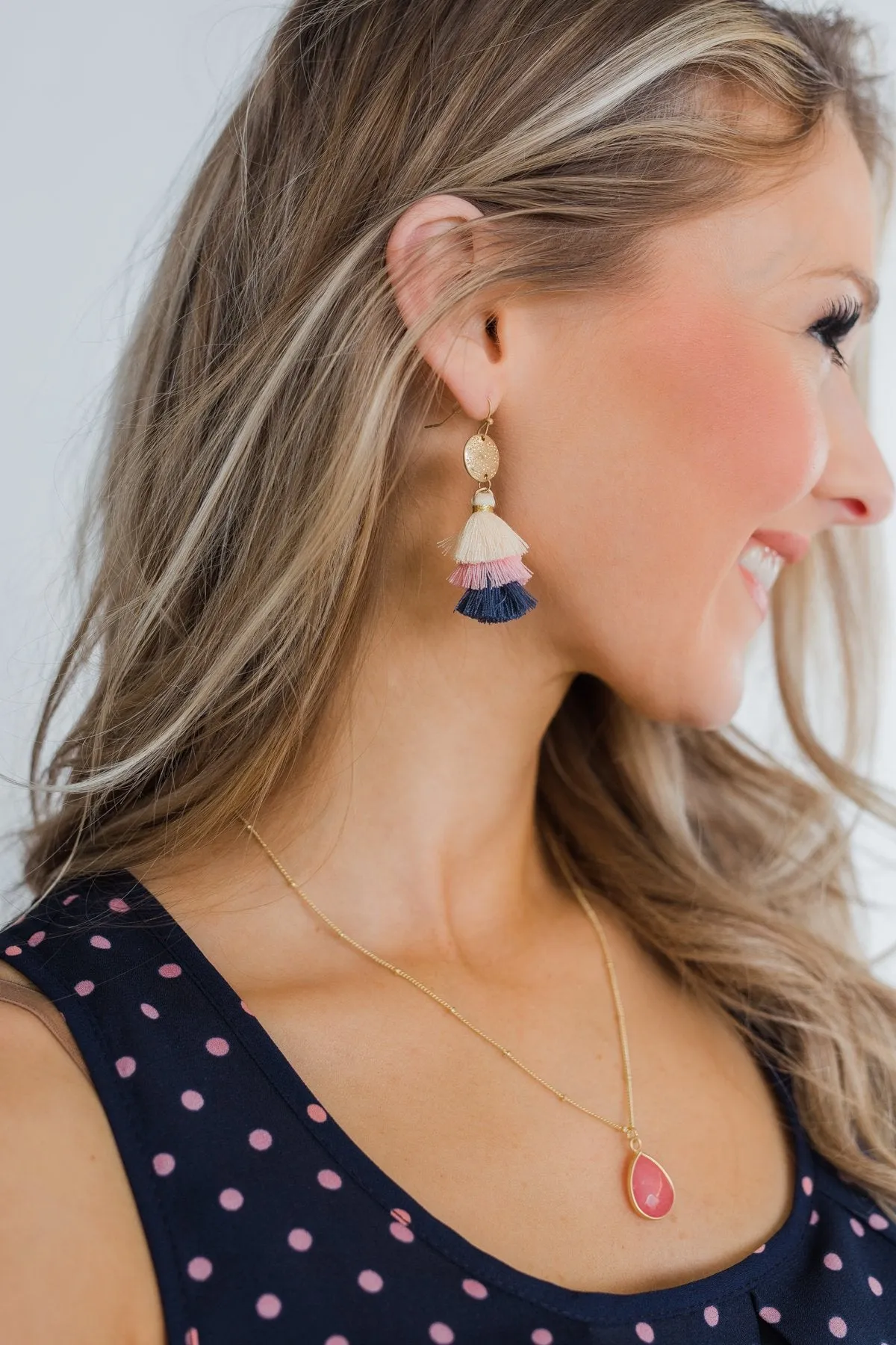 Layered Tassel Gold Earrings- Cream, Pink, & Navy