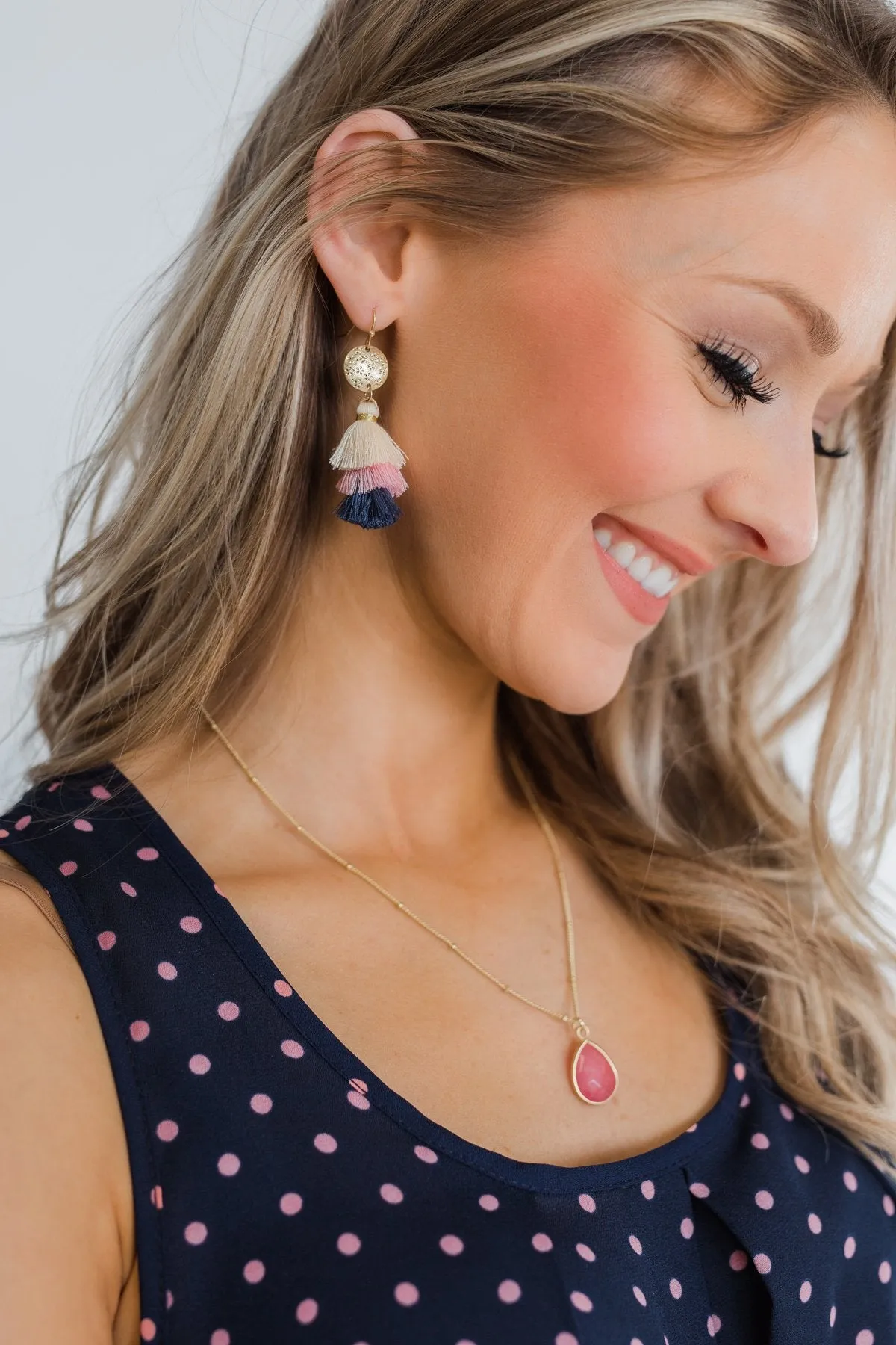 Layered Tassel Gold Earrings- Cream, Pink, & Navy