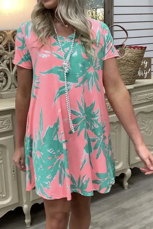 Leaf Print V Neck Pockets Mini Dress