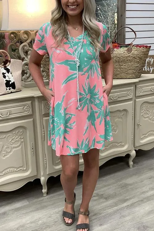 Leaf Print V Neck Pockets Mini Dress