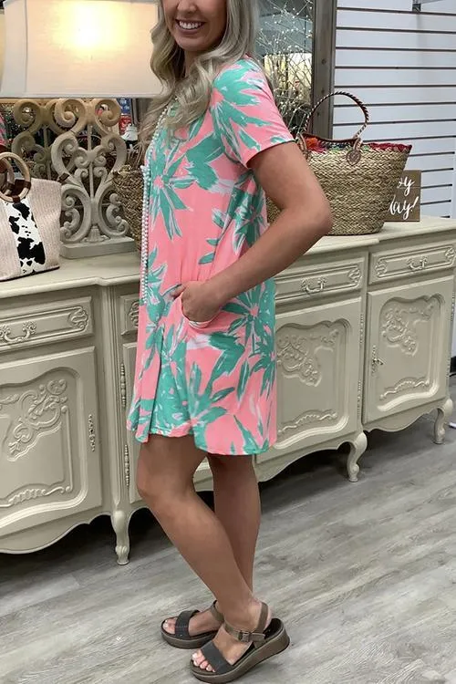 Leaf Print V Neck Pockets Mini Dress