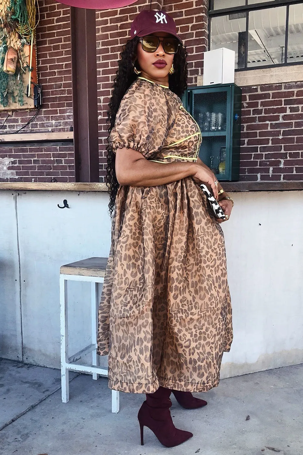 Leopard Print Puff Sleeve Basque Waist Quilted Maxi Dresses-Brown [Pre Order]