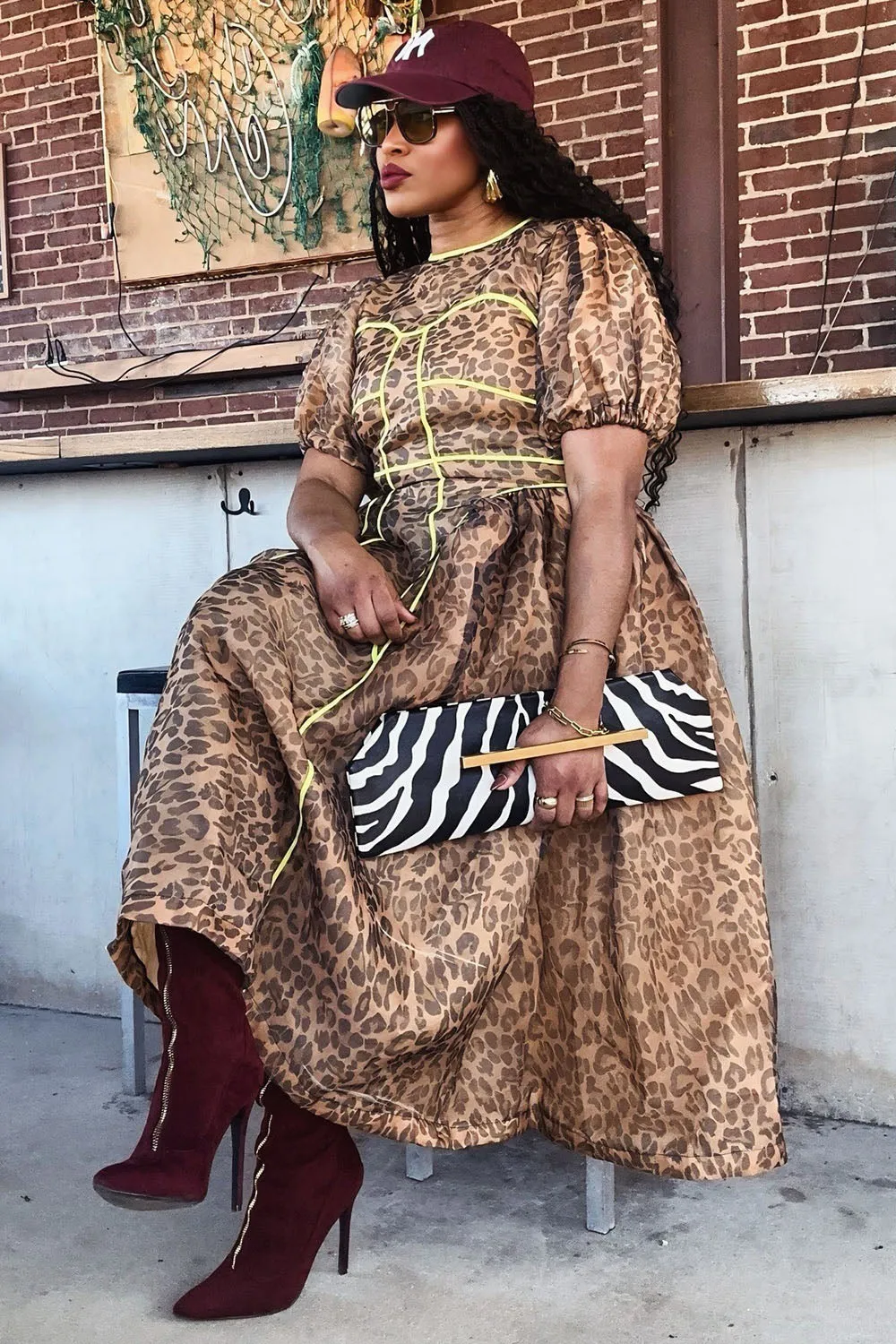 Leopard Print Puff Sleeve Basque Waist Quilted Maxi Dresses-Brown [Pre Order]