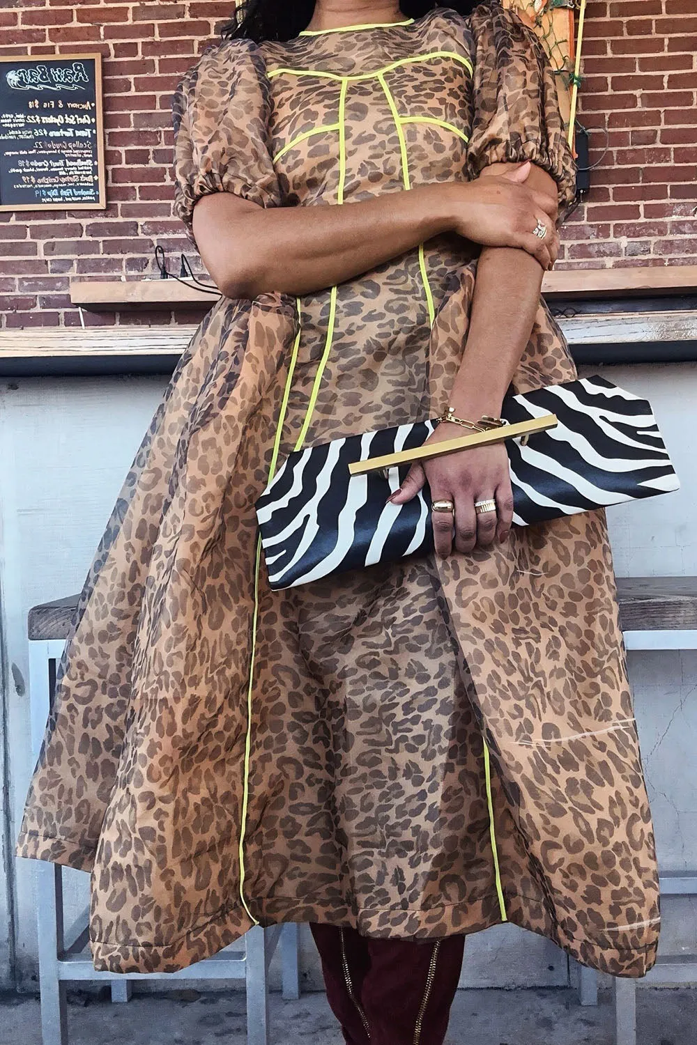 Leopard Print Puff Sleeve Basque Waist Quilted Maxi Dresses-Brown [Pre Order]