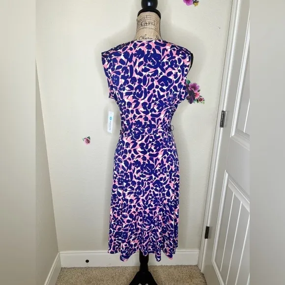 Leota Petals Finnley Faux Wrap Sleeveless Dress in Blue, White &amp; Coral Size L