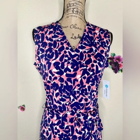 Leota Petals Finnley Faux Wrap Sleeveless Dress in Blue, White &amp; Coral Size L