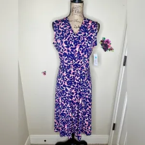 Leota Petals Finnley Faux Wrap Sleeveless Dress in Blue, White &amp; Coral Size L