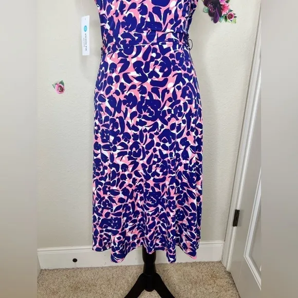 Leota Petals Finnley Faux Wrap Sleeveless Dress in Blue, White &amp; Coral Size L
