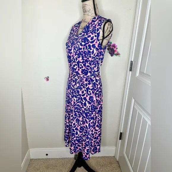 Leota Petals Finnley Faux Wrap Sleeveless Dress in Blue, White &amp; Coral Size L