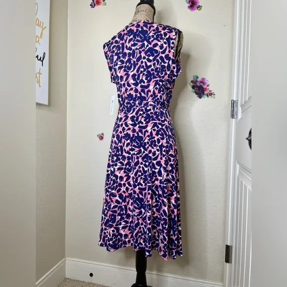 Leota Petals Finnley Faux Wrap Sleeveless Dress in Blue, White &amp; Coral Size L