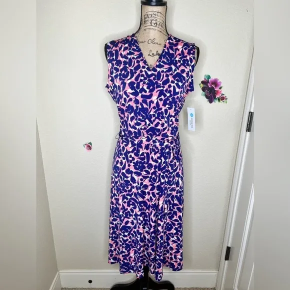 Leota Petals Finnley Faux Wrap Sleeveless Dress in Blue, White &amp; Coral Size L