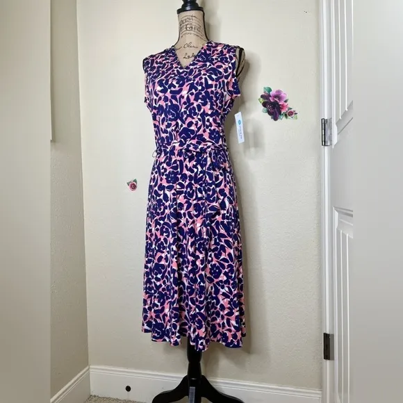 Leota Petals Finnley Faux Wrap Sleeveless Dress in Blue, White &amp; Coral Size L