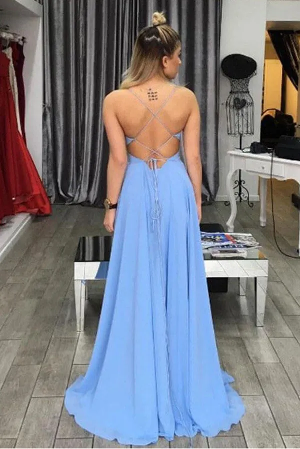 Light Blue A-line Spaghetti Strapes Long Prom Dresses With Side Split, SP715