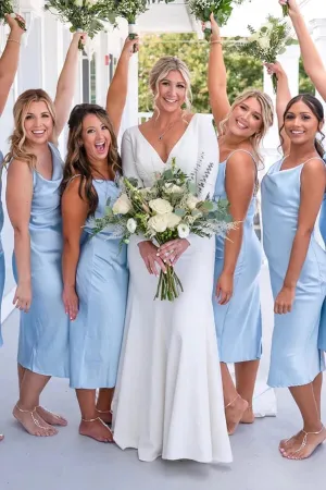 Light Blue Spaghetti Straps Cowl Neck Short Bridesmaid Dresses, MBD218