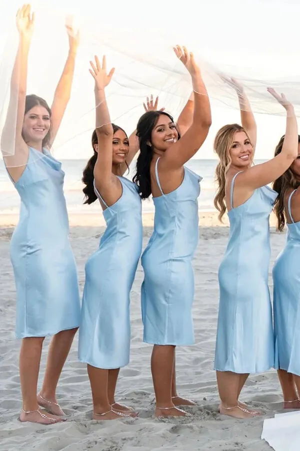 Light Blue Spaghetti Straps Cowl Neck Short Bridesmaid Dresses, MBD218