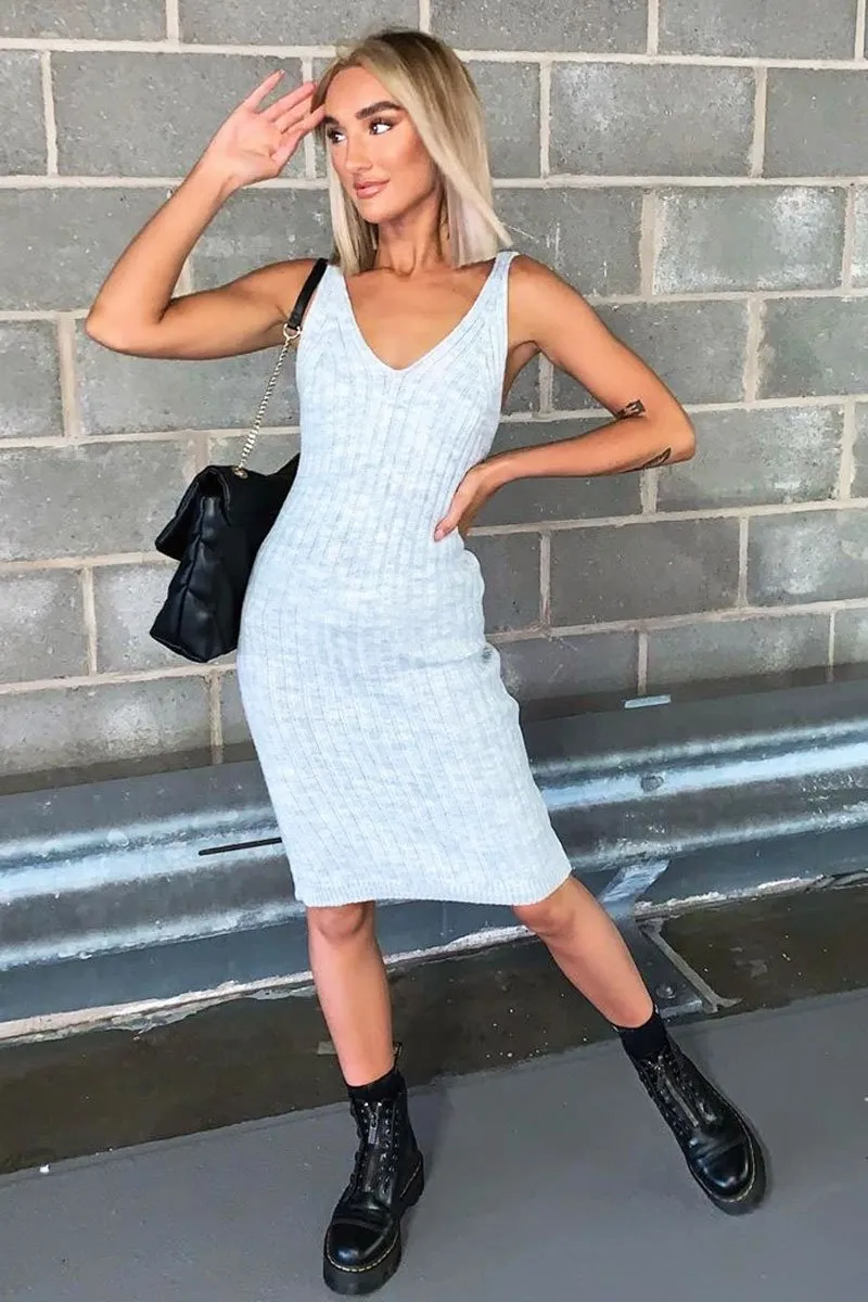 Light Grey Strappy Knit Midi Dress - Graciella