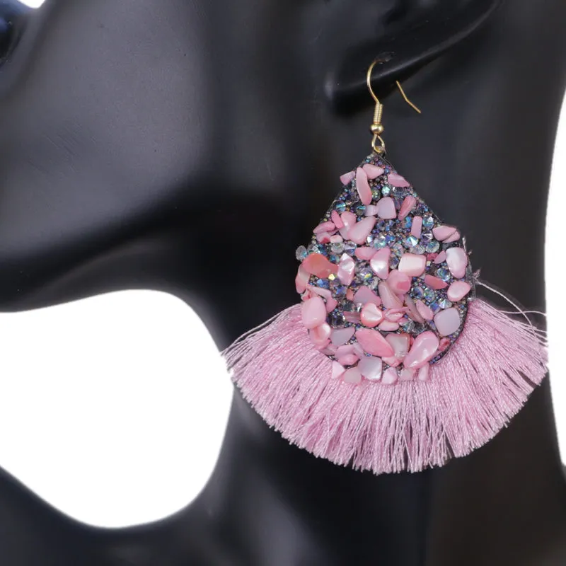 Light Pink Beaded Teardrop Tassel Earrings
