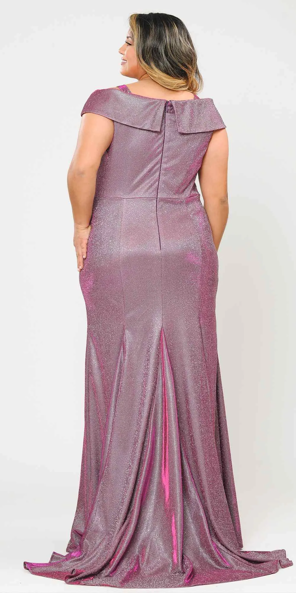 Lindas W1042 Floor Length Off the Shoulder Glitter Knit Plus Size Dress
