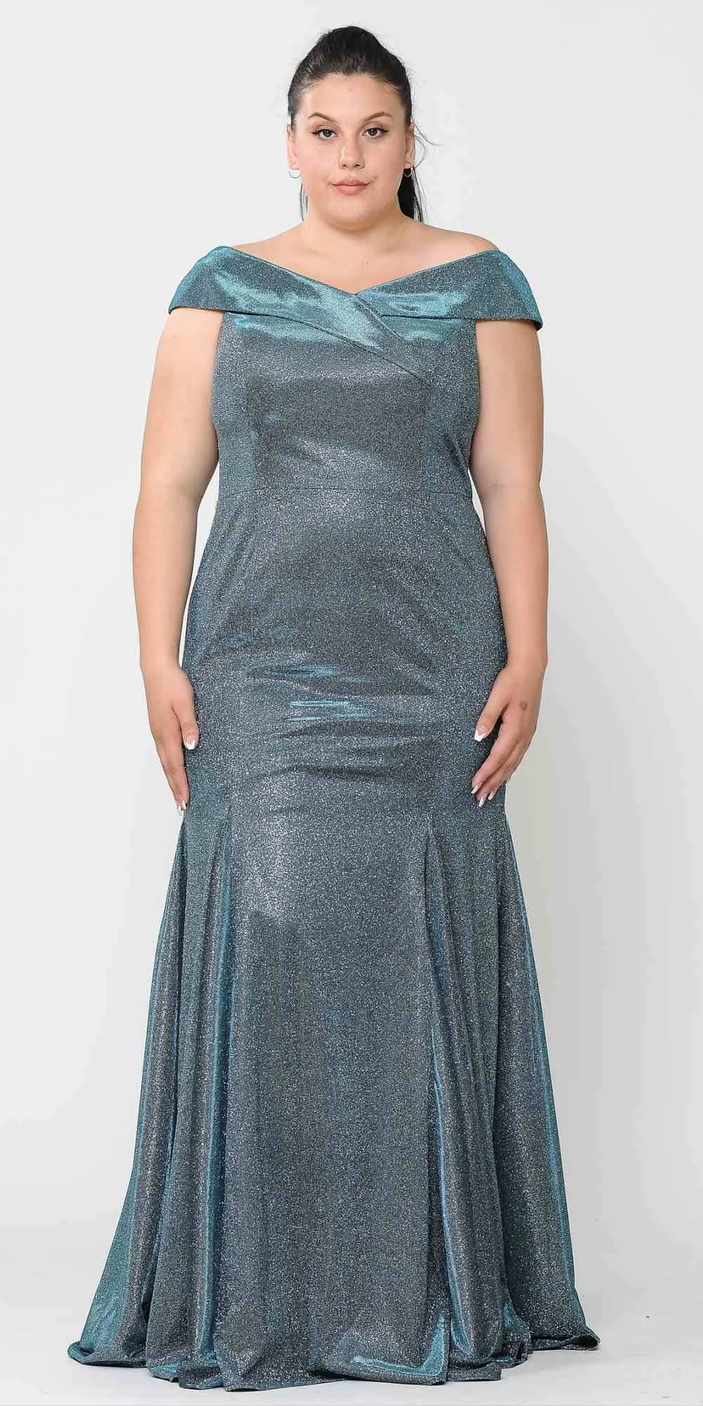 Lindas W1042 Floor Length Off the Shoulder Glitter Knit Plus Size Dress