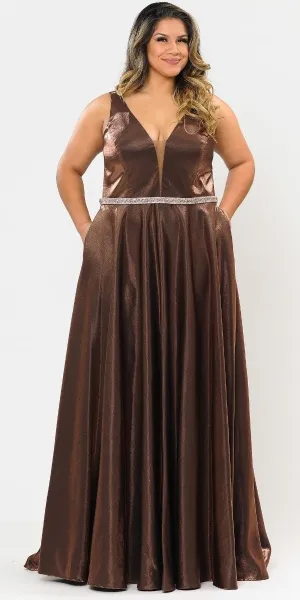 Lindas W1062 Floor Length Rhinestone Waist V-Neck Floor Length Shinny Dress