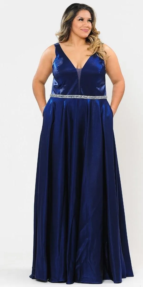 Lindas W1062 Floor Length Rhinestone Waist V-Neck Floor Length Shinny Dress