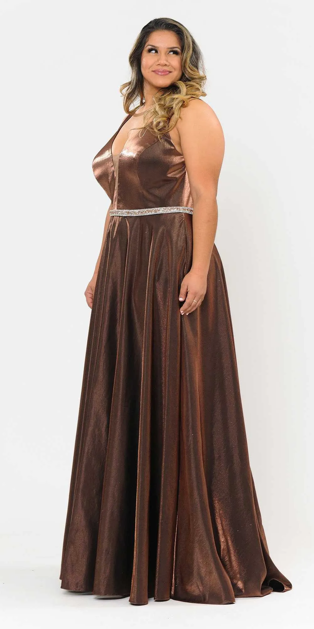 Lindas W1062 Floor Length Rhinestone Waist V-Neck Floor Length Shinny Dress
