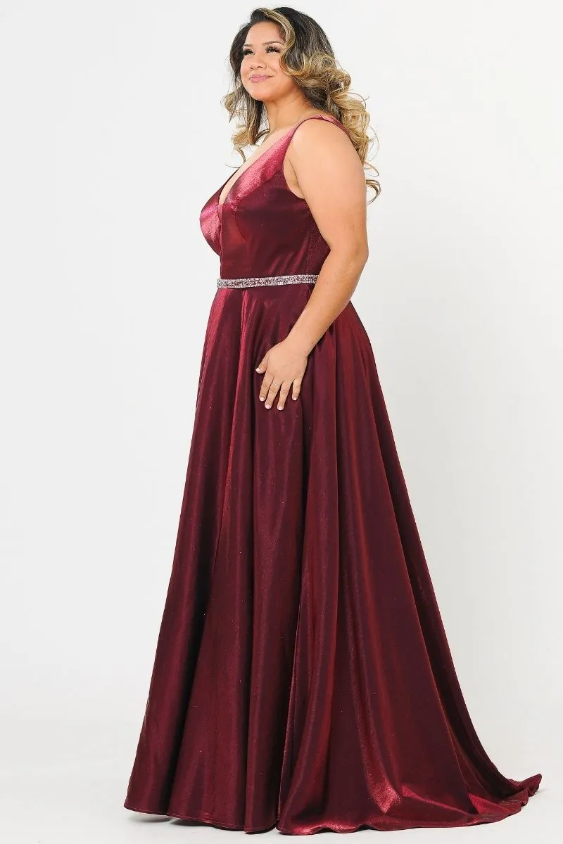 Lindas W1062 Floor Length Rhinestone Waist V-Neck Floor Length Shinny Dress