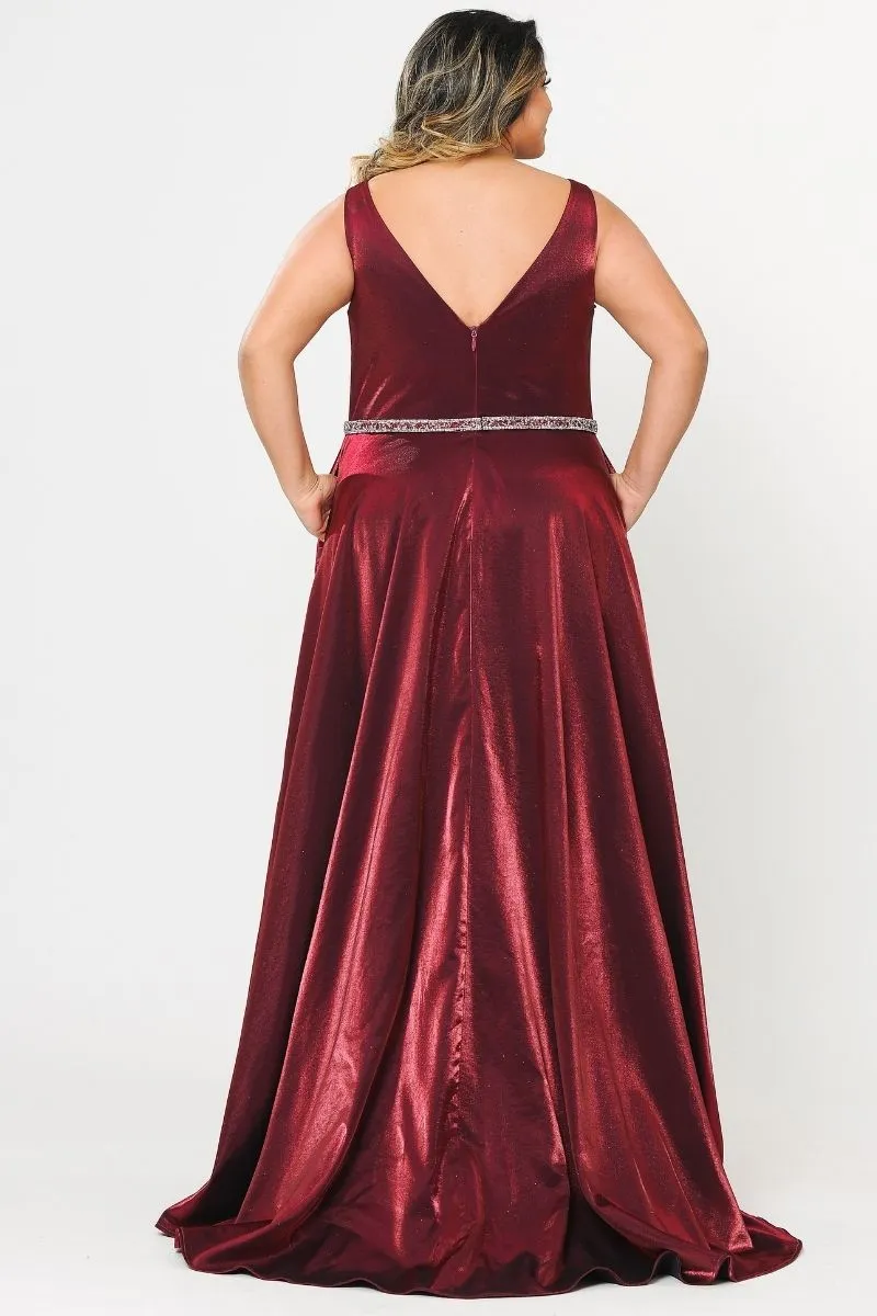 Lindas W1062 Floor Length Rhinestone Waist V-Neck Floor Length Shinny Dress