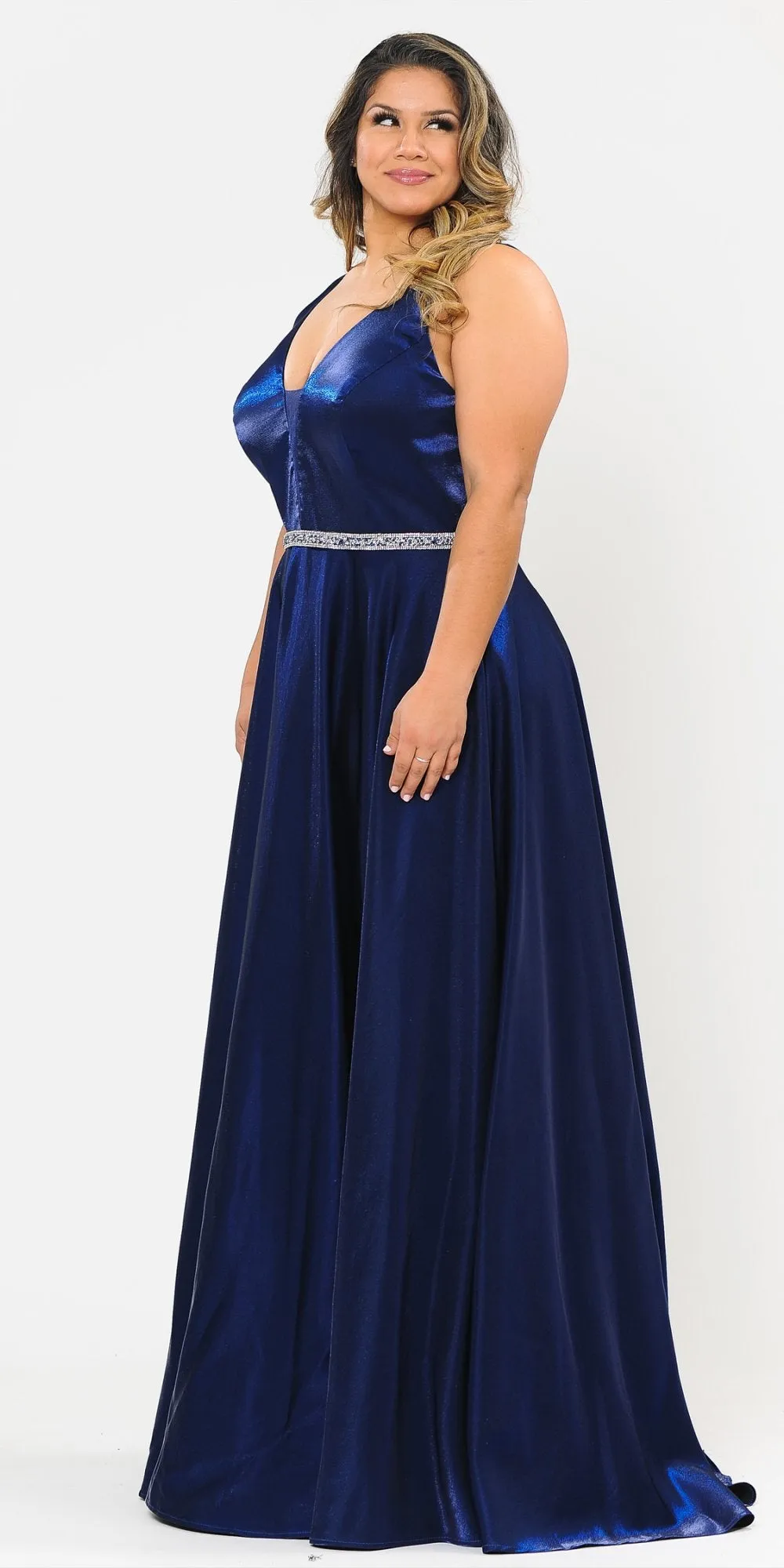 Lindas W1062 Floor Length Rhinestone Waist V-Neck Floor Length Shinny Dress
