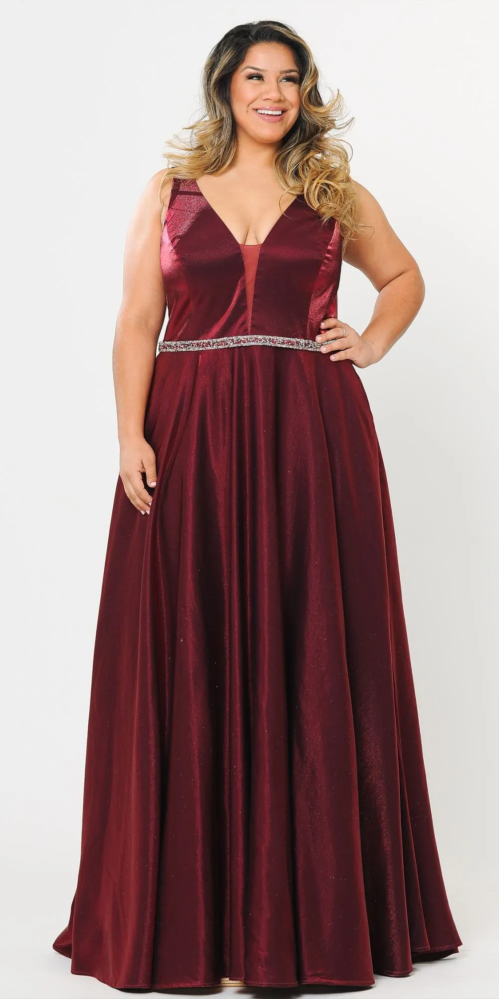 Lindas W1062 Floor Length Rhinestone Waist V-Neck Floor Length Shinny Dress