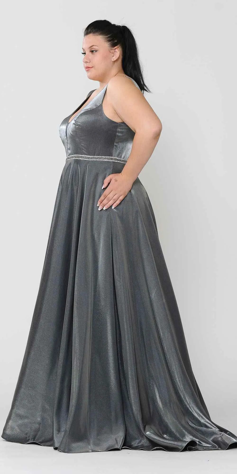 Lindas W1062 Floor Length Rhinestone Waist V-Neck Floor Length Shinny Dress