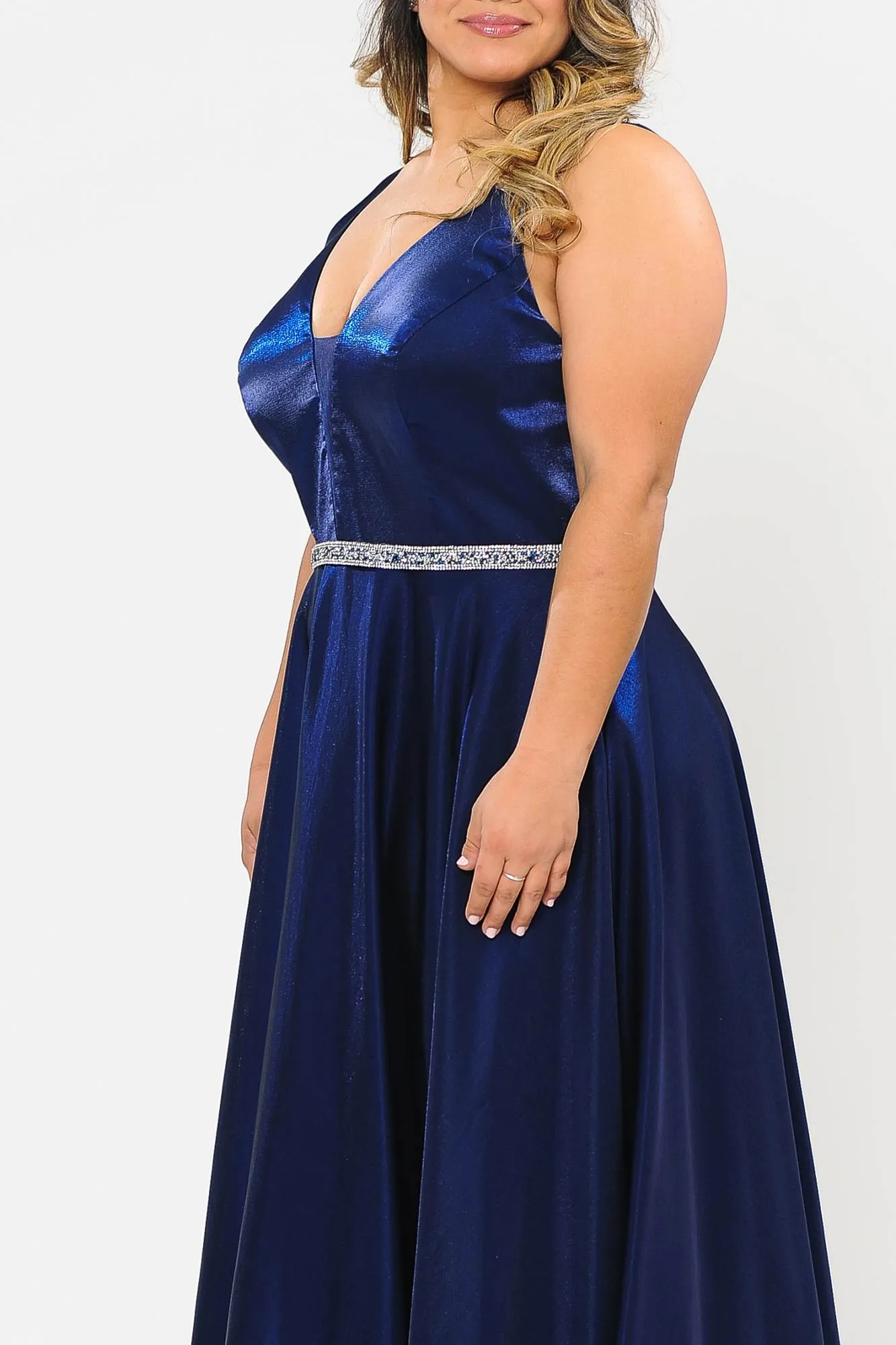 Lindas W1062 Floor Length Rhinestone Waist V-Neck Floor Length Shinny Dress