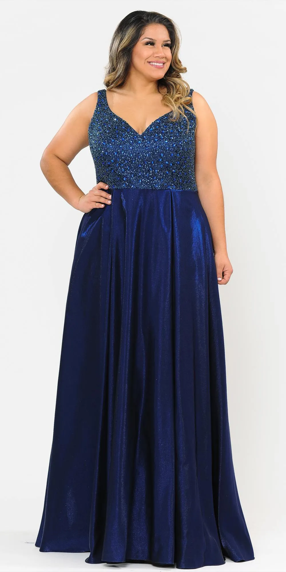 Lindas W1066 Floor Length V-Neck Jewel Detail V-Back Pocket Plus Size Dress