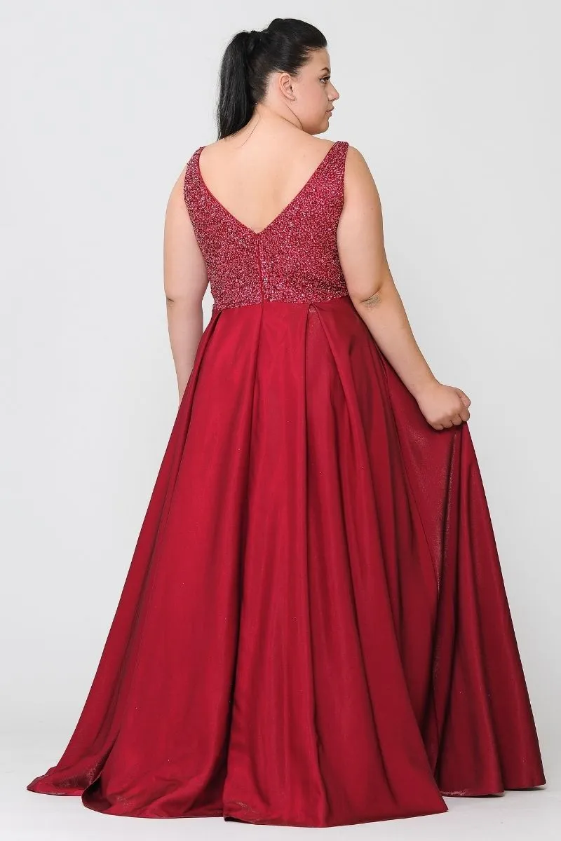 Lindas W1066 Floor Length V-Neck Jewel Detail V-Back Pocket Plus Size Dress