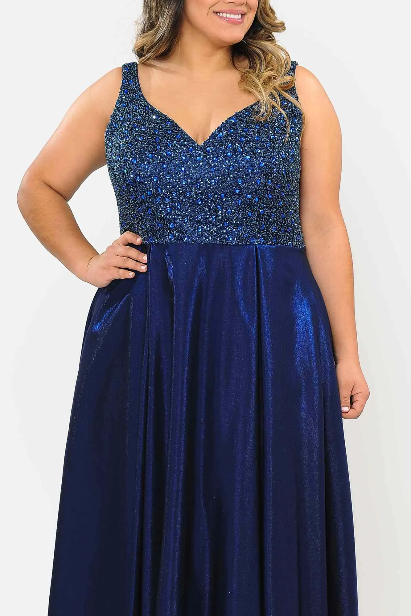 Lindas W1066 Floor Length V-Neck Jewel Detail V-Back Pocket Plus Size Dress