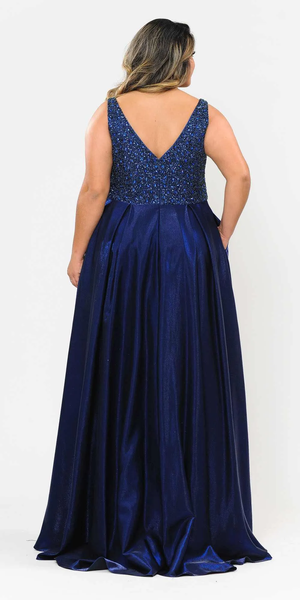 Lindas W1066 Floor Length V-Neck Jewel Detail V-Back Pocket Plus Size Dress