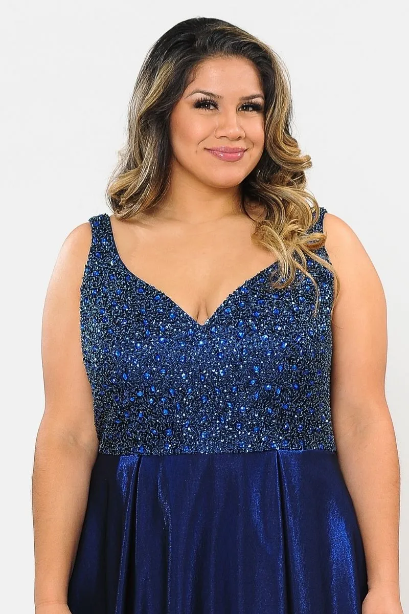 Lindas W1066 Floor Length V-Neck Jewel Detail V-Back Pocket Plus Size Dress