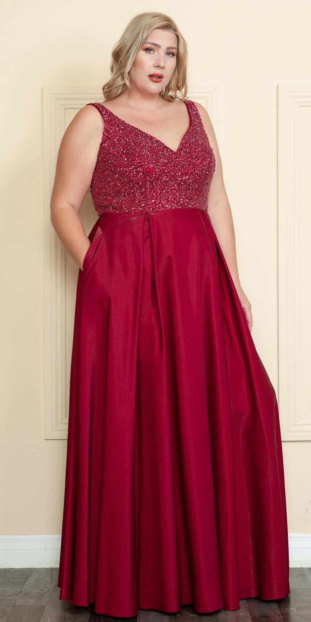Lindas W1066 Floor Length V-Neck Jewel Detail V-Back Pocket Plus Size Dress