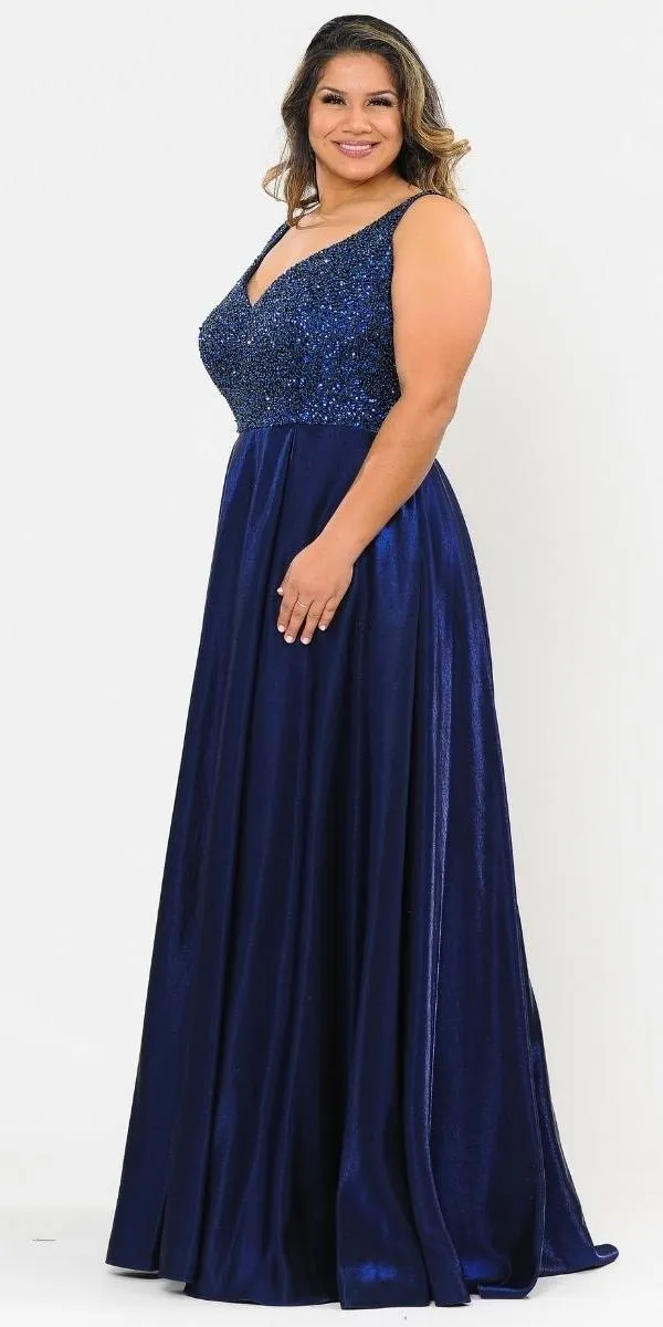 Lindas W1066 Floor Length V-Neck Jewel Detail V-Back Pocket Plus Size Dress