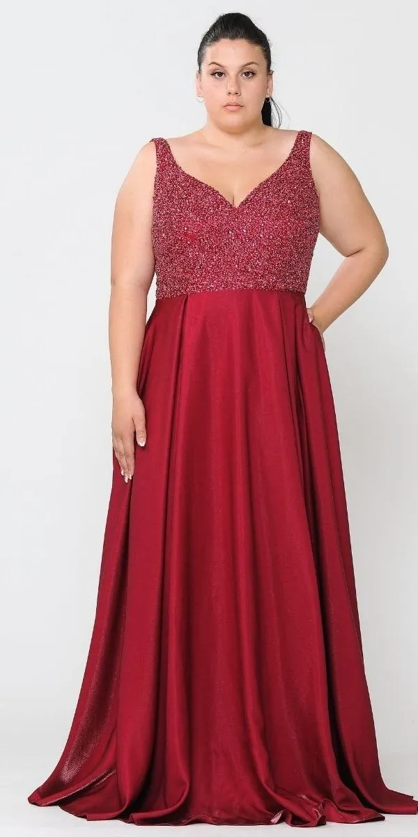 Lindas W1066 Floor Length V-Neck Jewel Detail V-Back Pocket Plus Size Dress
