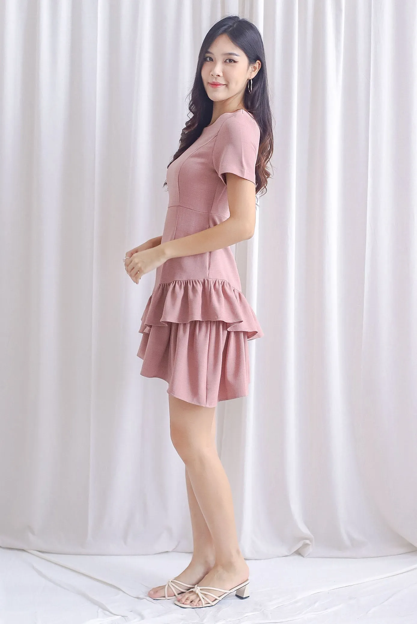 Lindea Asymm Tiered Sleeve Dress In Tea Rose