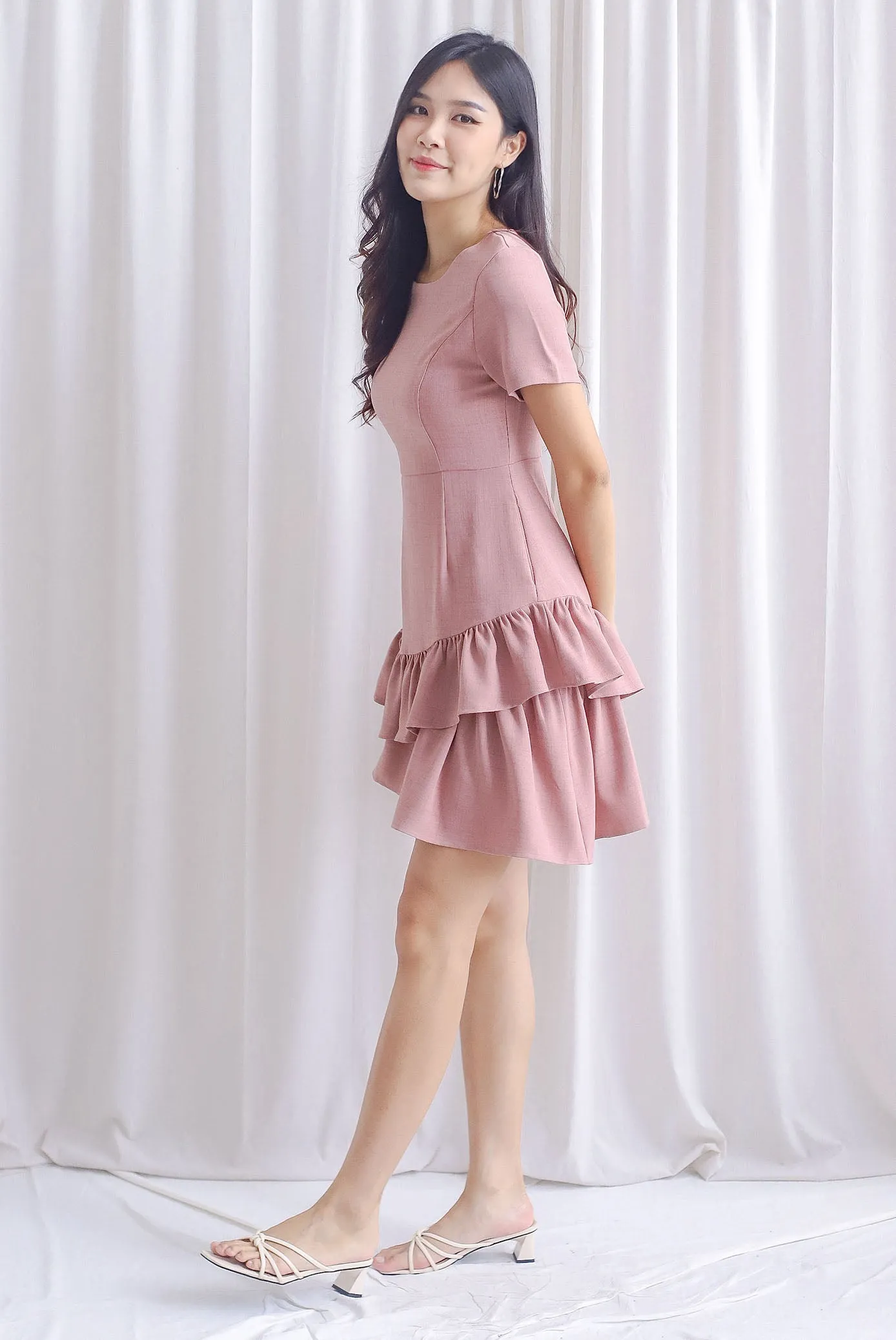 Lindea Asymm Tiered Sleeve Dress In Tea Rose