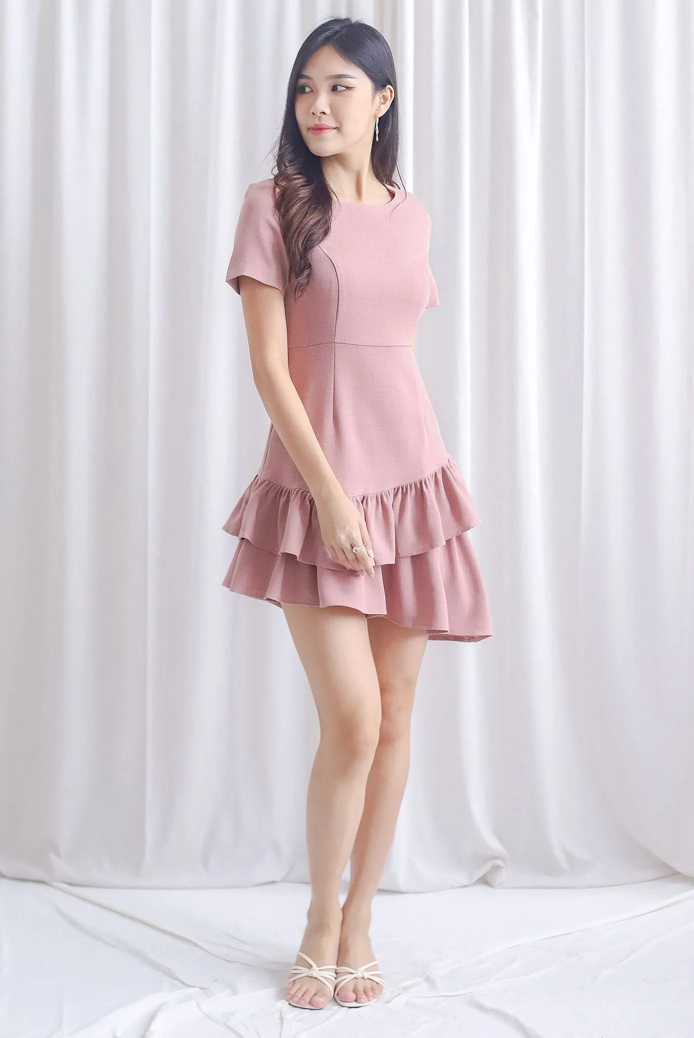 Lindea Asymm Tiered Sleeve Dress In Tea Rose