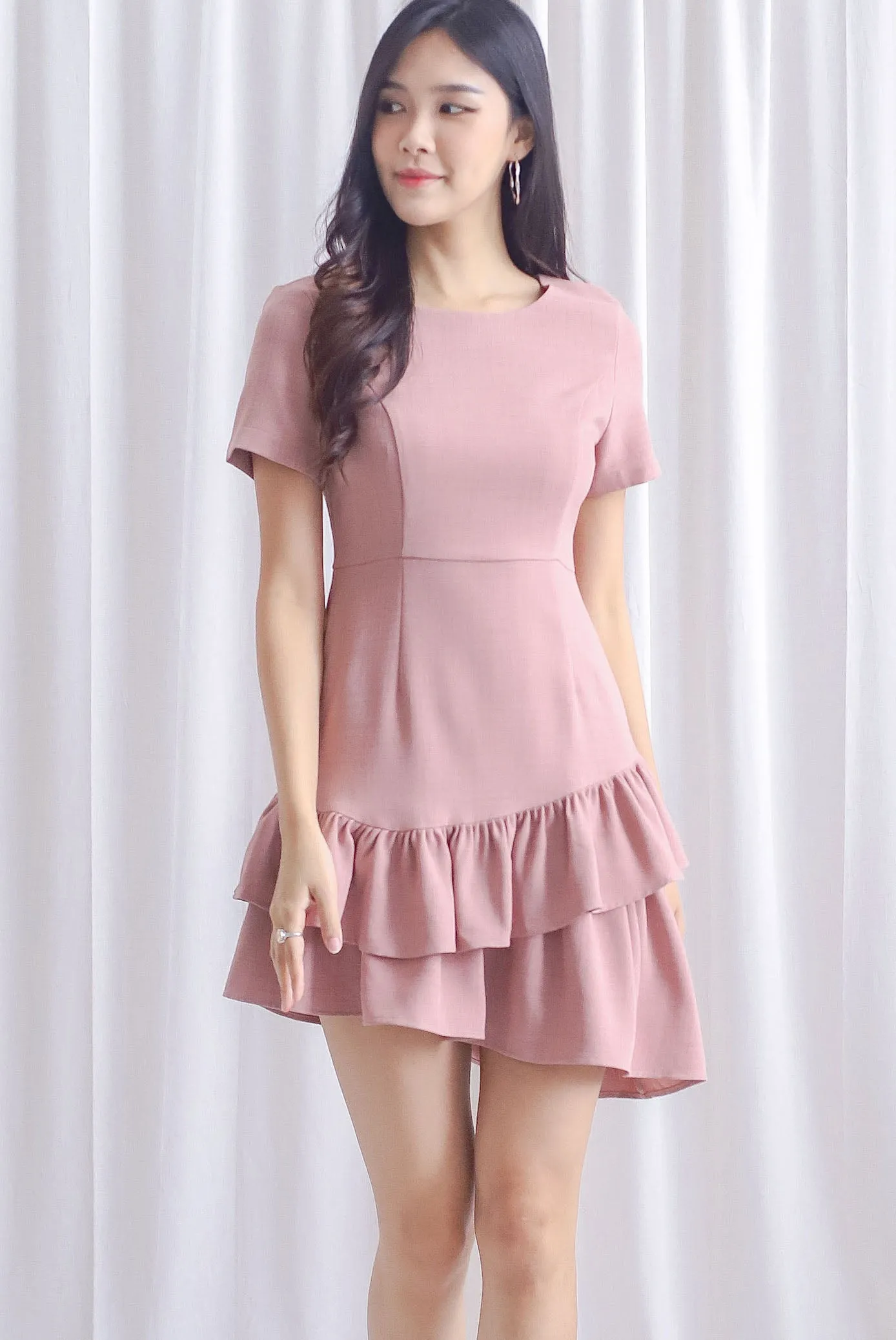 Lindea Asymm Tiered Sleeve Dress In Tea Rose